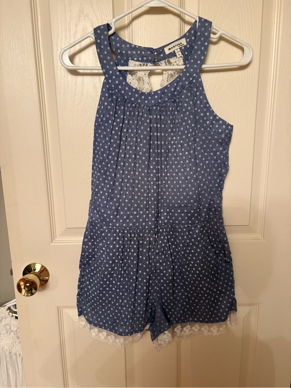 Blue Polka Dot Lace-Trim Romper